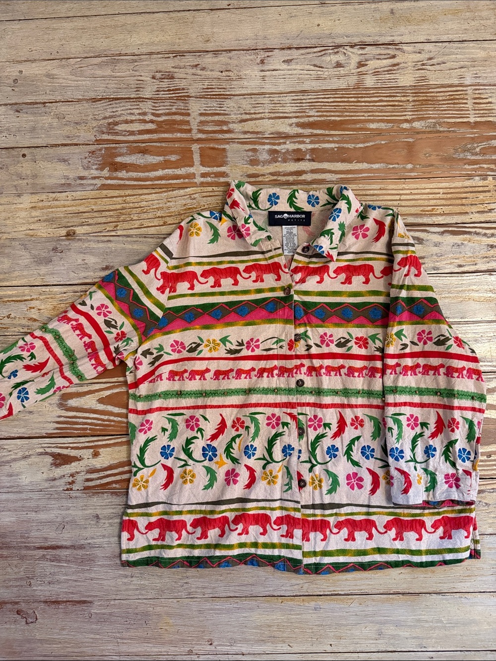 Sag Harbor Multicolor Animal-Print Button Linen Shirt